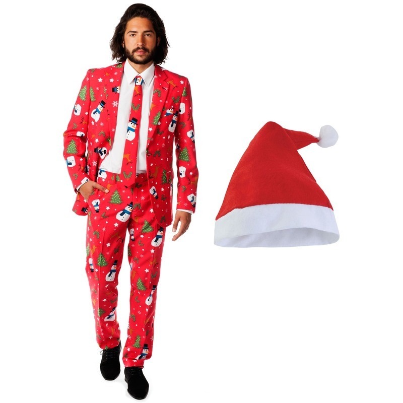 Heren opposuits kerst kostuum rood met kerstmuts maat 50 l